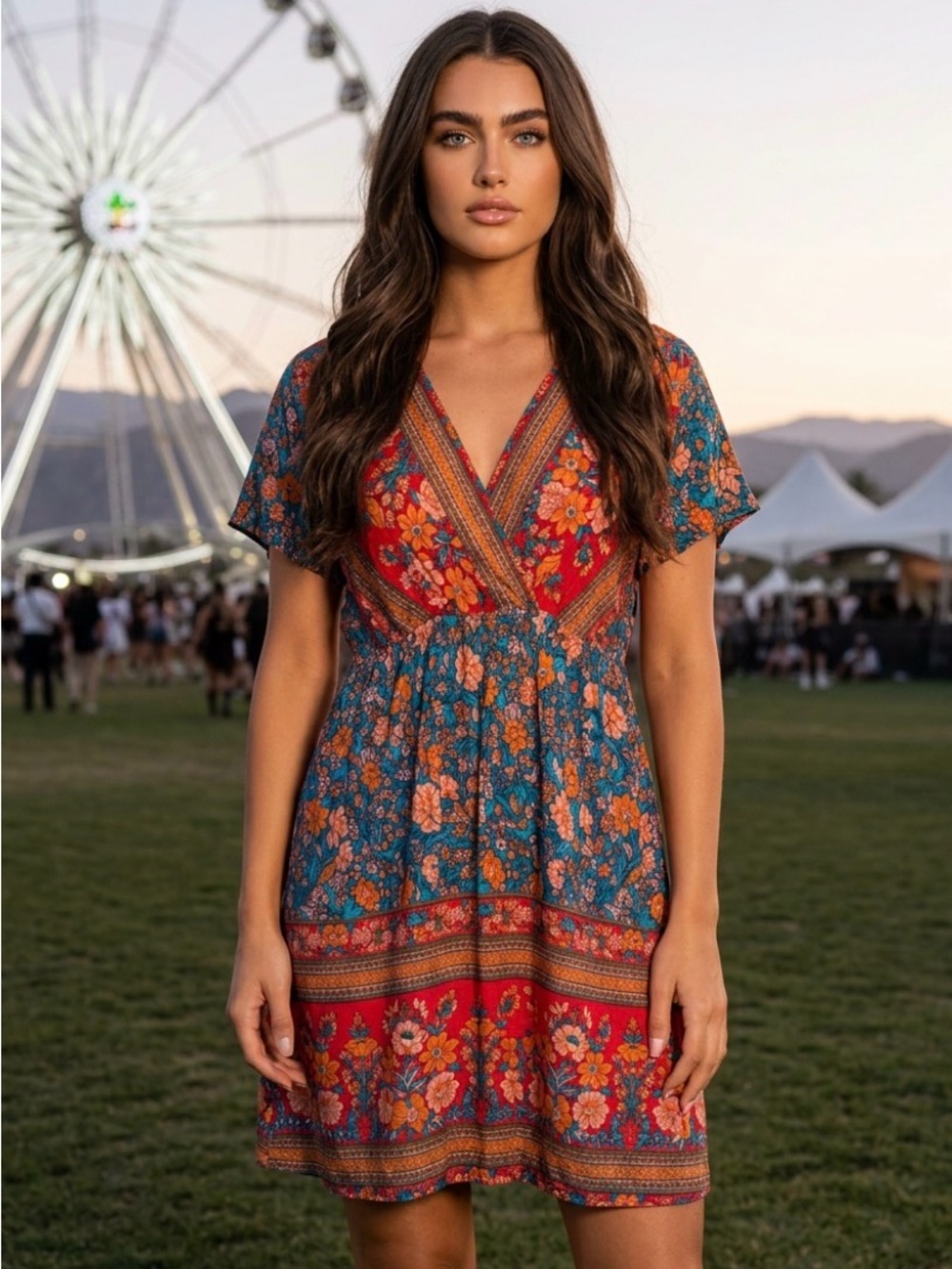 Bohemian Floral V-Neck Midi Dress in Navy and Red PTP 22